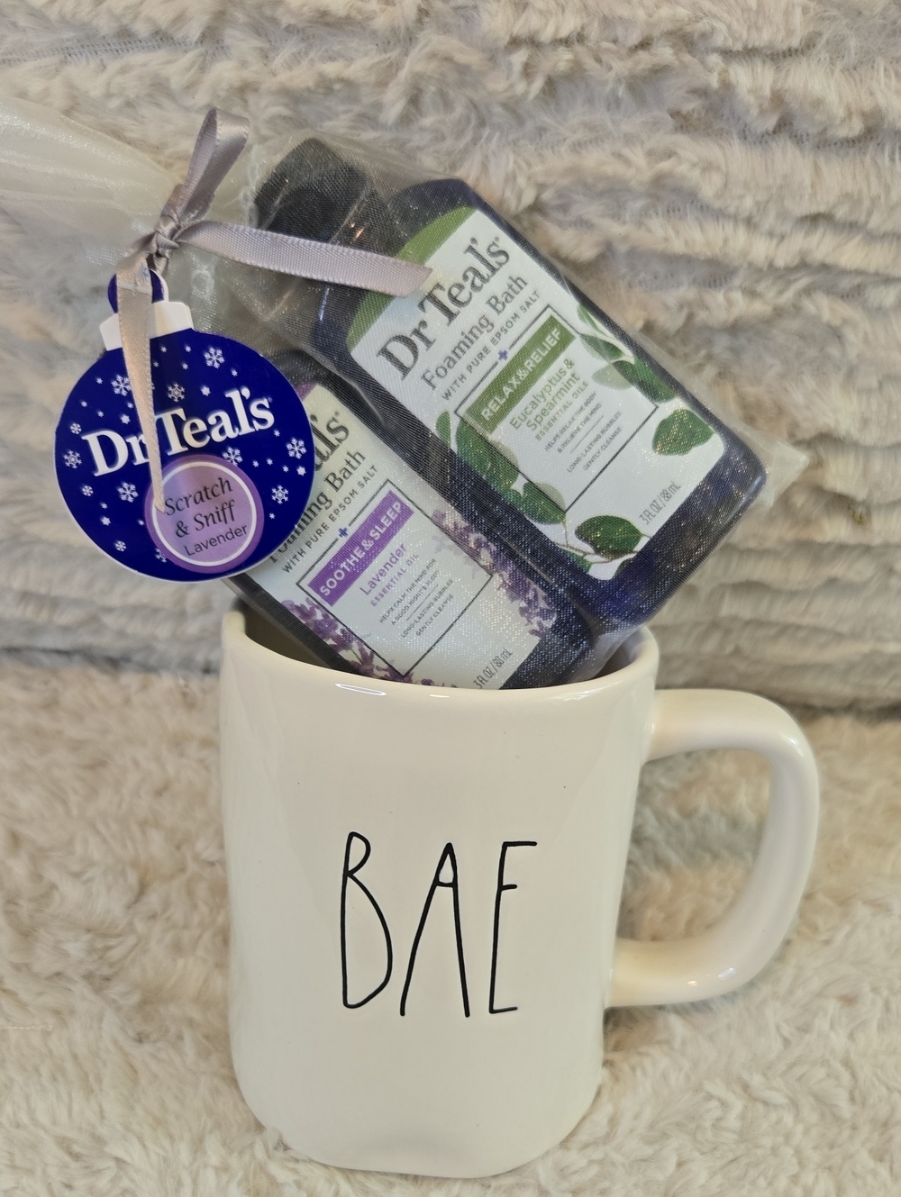 Rae Dunn White 'BAE' Mug with Lavender & Green Dr. Teals Bath Foams
